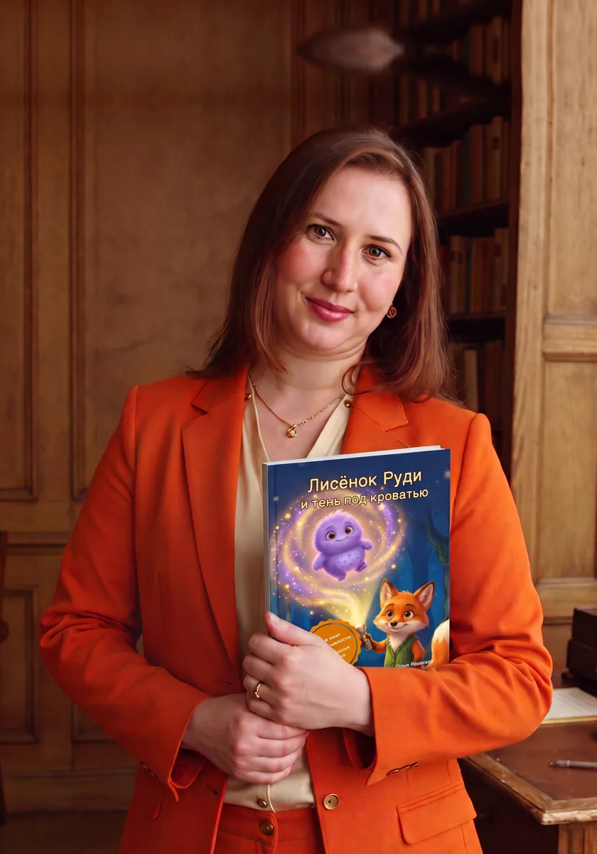 Юлия Раевская держит книгу «Лисёнок Руди и Тень под кроватью»
